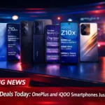 Amazon Deals Today showing discounted iQOO and OnePlus smartphones on a digital news studio background