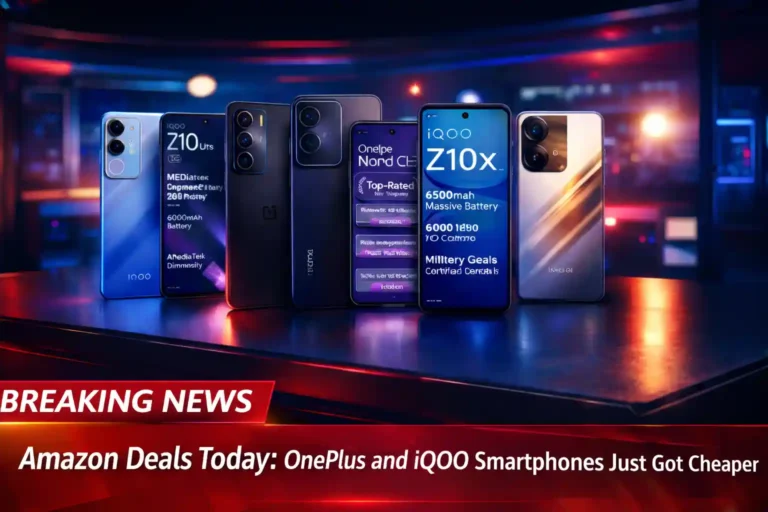 Amazon Deals Today showing discounted iQOO and OnePlus smartphones on a digital news studio background