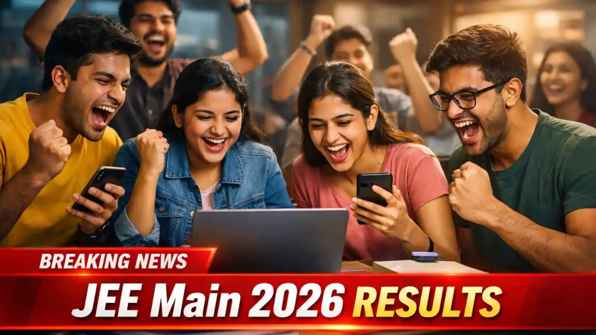 Indian students celebrating JEE Main 2026 results while checking scores on laptop and smartphones in a study environment
