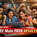 Indian students celebrating JEE Main 2026 results while checking scores on laptop and smartphones in a study environment