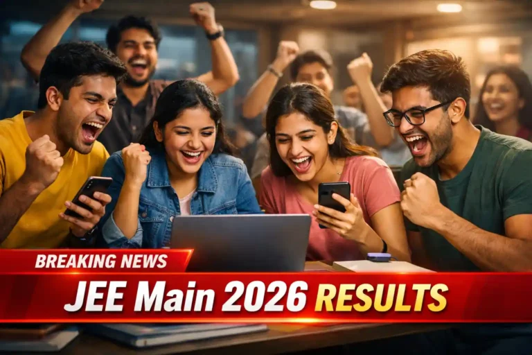 Indian students celebrating JEE Main 2026 results while checking scores on laptop and smartphones in a study environment